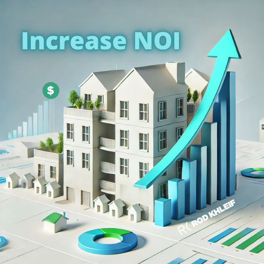 3D graphic image of an apartment building with graphs that says Increase NOI