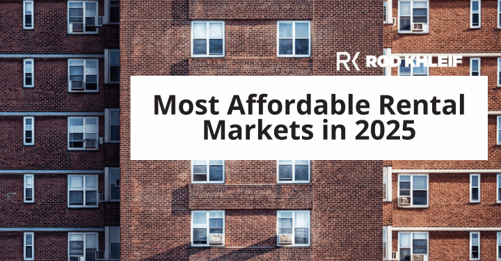 Apartment buildings with text that says "most affordable rental markets in 2025"
