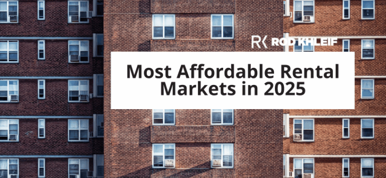 Apartment buildings with text that says "most affordable rental markets in 2025"