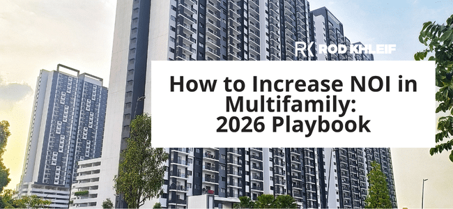 Thumbnail for an article: 'How to Increase NOI in Multifamily: 2026 Playbook' over a city skyline with high-rise buildings and a white title banner.