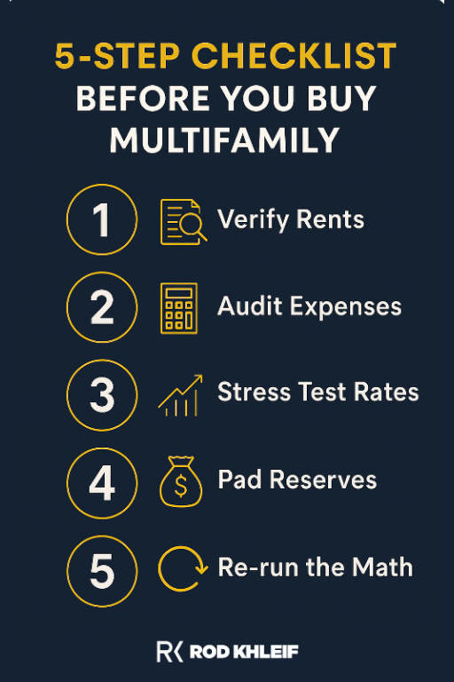 Infographic that has 5 steps for verifying cash on cash return before buying multifamily. 