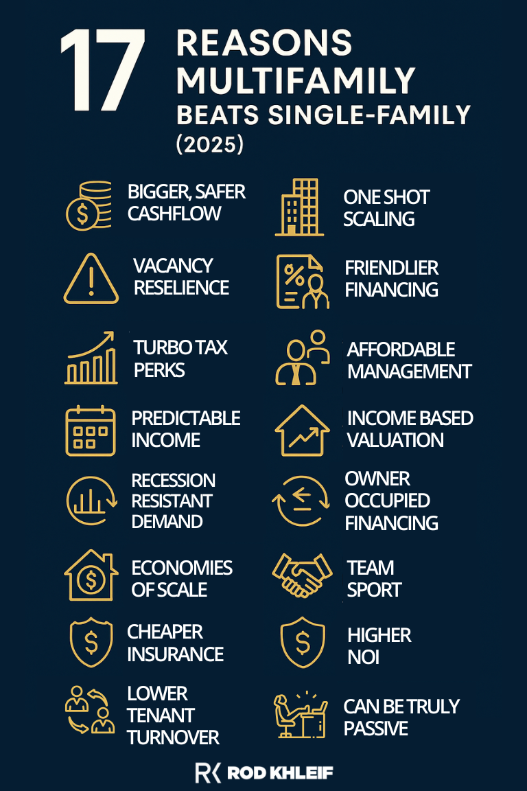 Infographic showing 17 reasons why multifamily beats single family. 