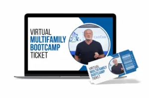 Rod Khleif's Virtual Multifamily Bootcamp ticket and computer screen, the live walkthrough new multifamily investors use to build confidence in the broker, investor, lender, and operator rooms
