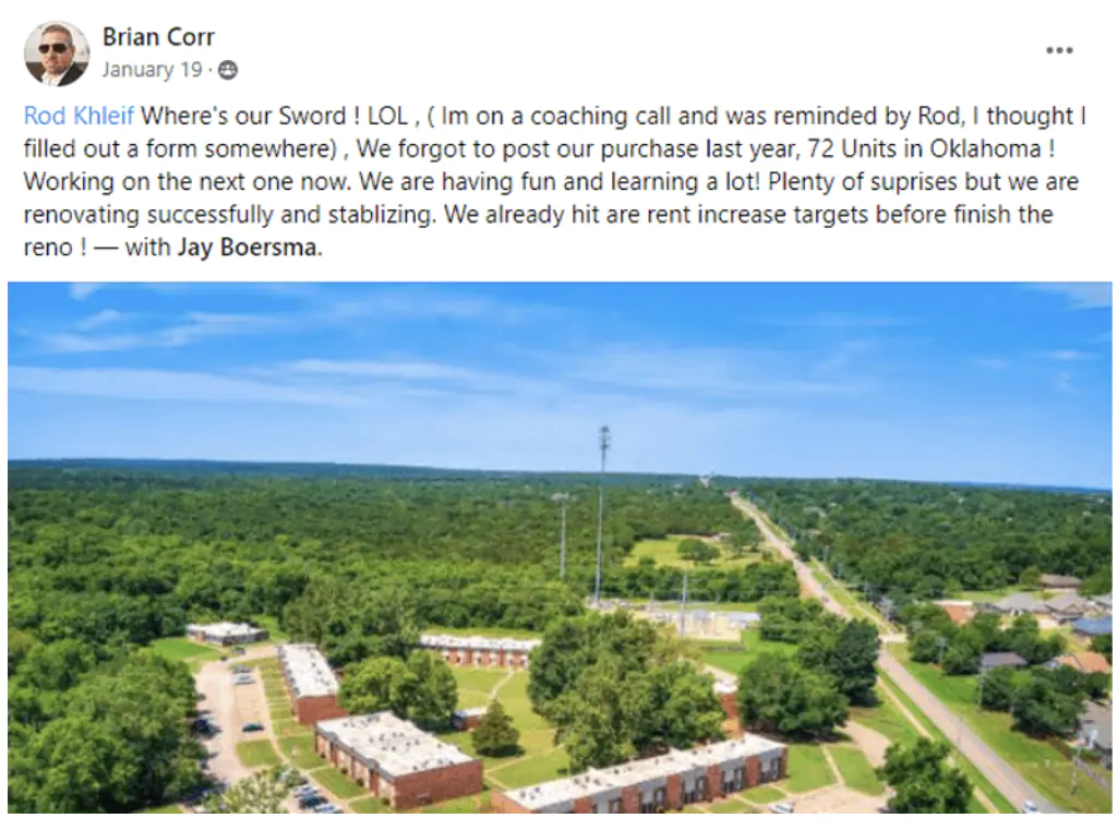 Warrior student sharing their multifamily deal win in Rod Khleif's private Facebook group