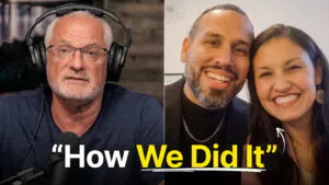 Podcast thumbnail: left half shows an older man with glasses and large over-ear headphones; right half shows a smiling couple, with 'How We Did It' overlaid in white/yellow text.
