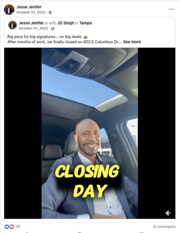 Smiling man in a suit seated in a car, with the overlay text 'CLOSING DAY' celebrating a real estate closing.