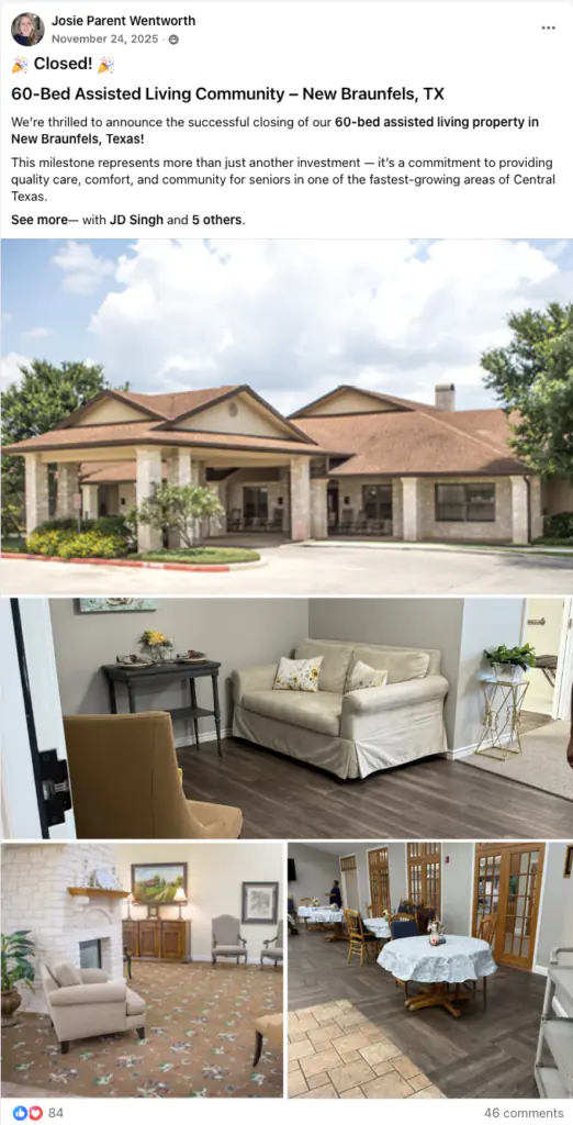 Collage of the 60‑bed assisted living property in New Braunfels, TX: exterior building shot, a cozy living room with sofa, and two dining/common areas.