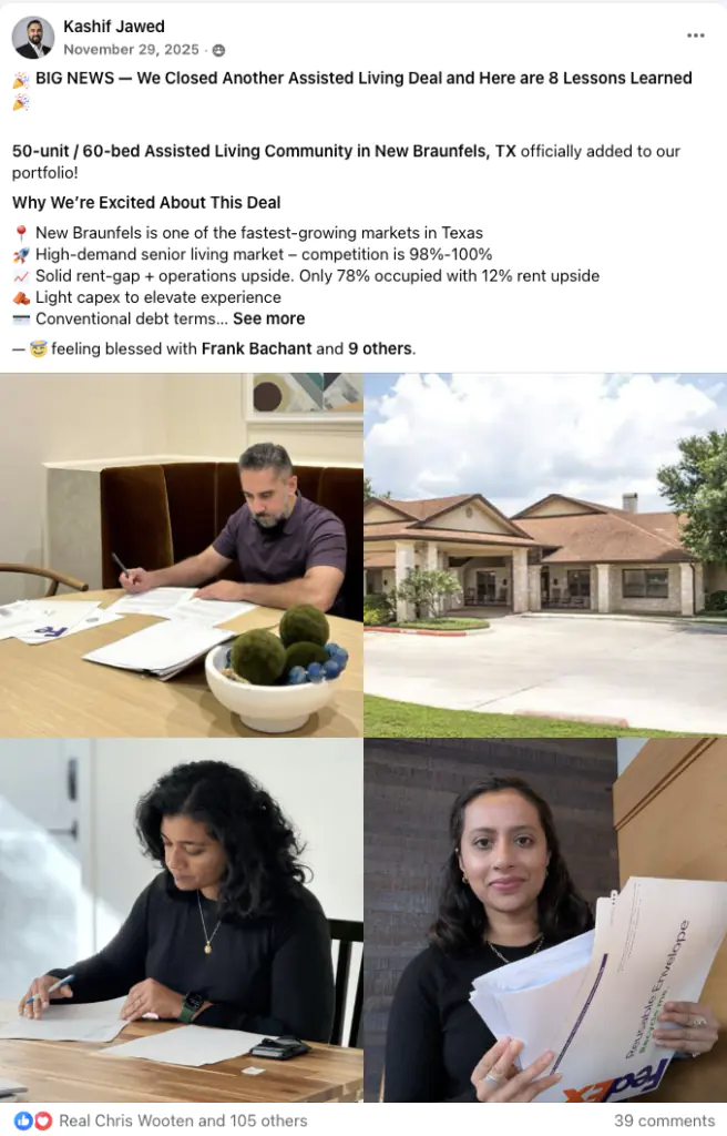 Collage: man signs documents at a table, a house exterior, woman writing at a desk, and another woman holding stacked papers—team closing an assisted living deal.
