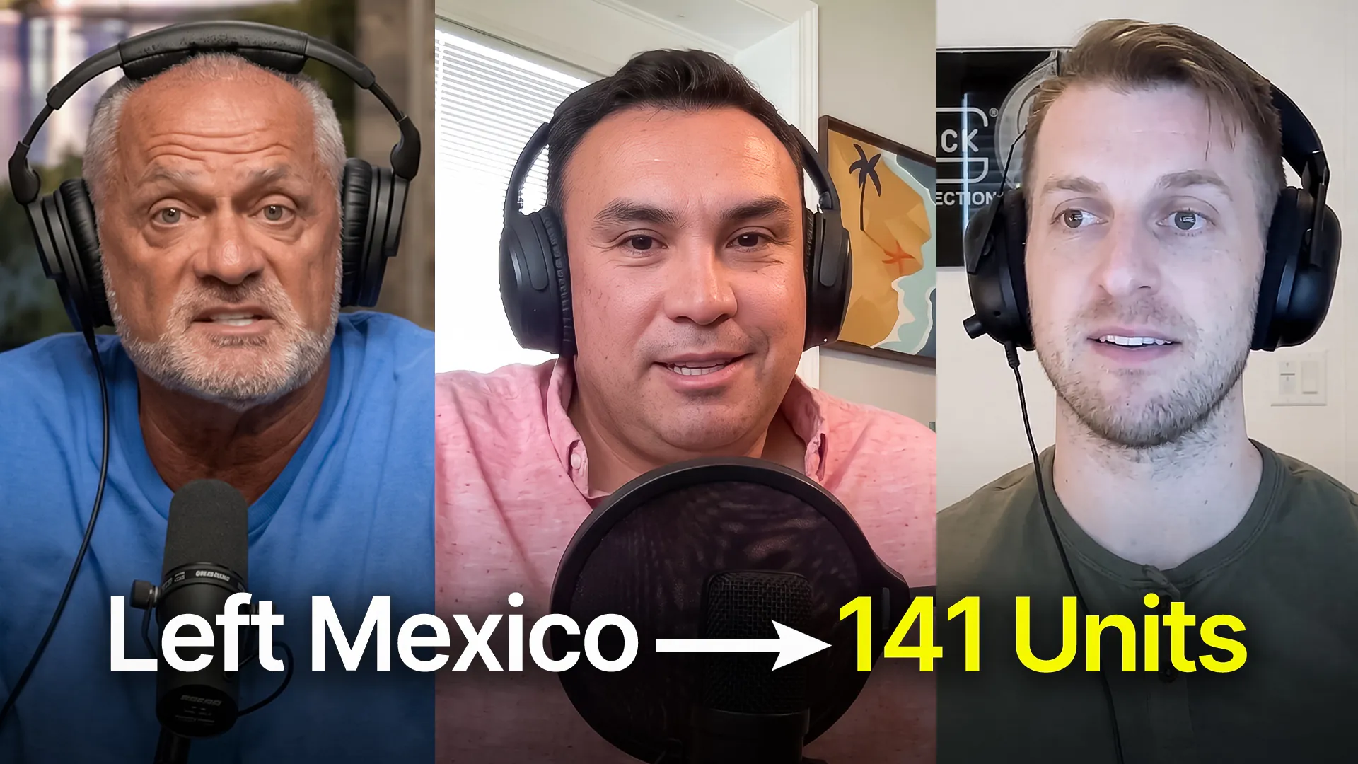 Three hosts wearing large over-ear headphones sit in a triptych-style video thumbnail, speaking into microphones for a podcast or video.