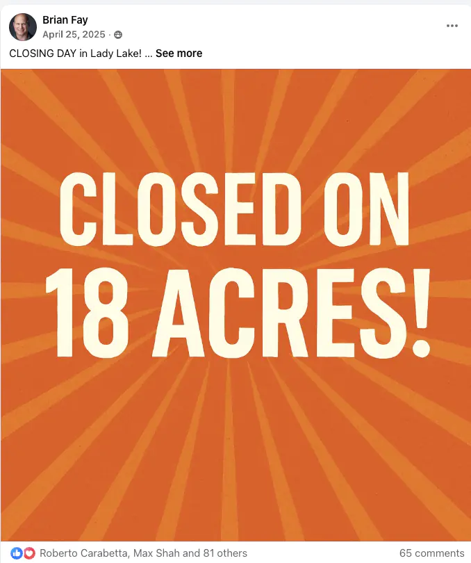 Warrior student sharing their land purchase deal win in Rod Khleif's private Facebook group