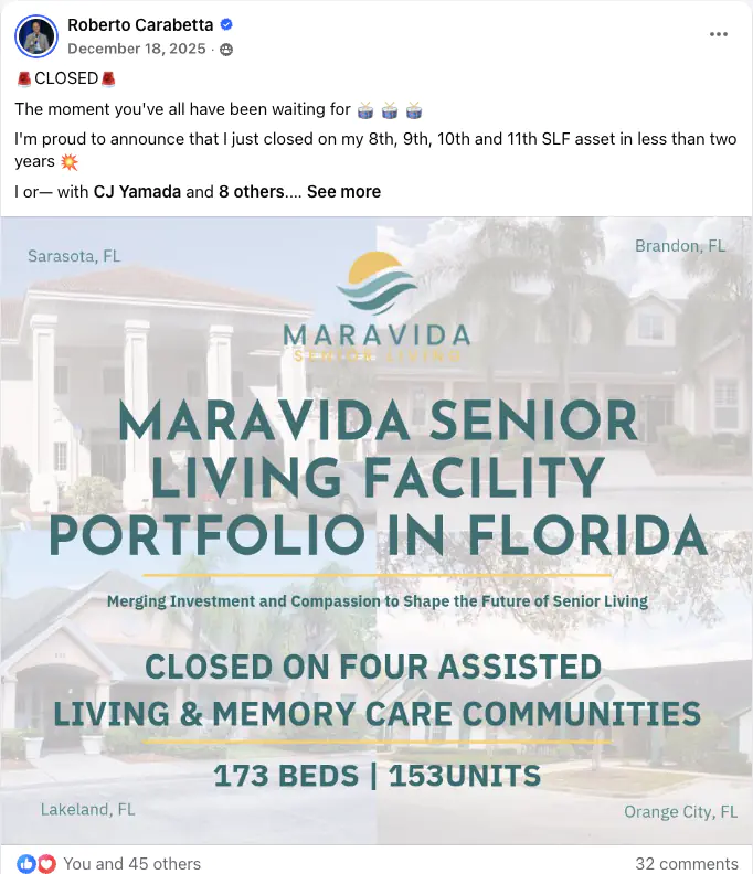 Warrior student sharing their senior housing deal win in Rod Khleif's private Facebook group