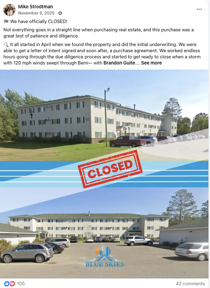 Warrior student sharing their multifamily deal win in Rod Khleif's private Facebook group