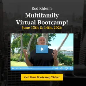 Promotional hero for Rod Khleif's Multifamily Virtual Bootcamp, June 13–14, 2026, featuring a video thumbnail and a yellow 'Get Your Bootcamp Ticket' button.
