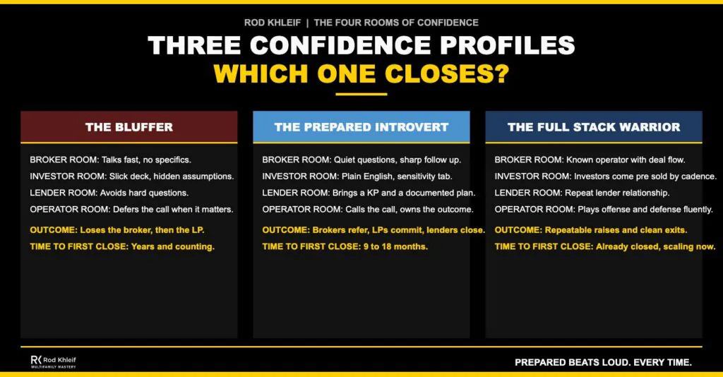 Three confidence profiles for new multifamily investors compared side by side: the bluffer, the prepared introvert, and the full stack warrior. Each is scored across the four rooms of confidence with the resulting time to first close.