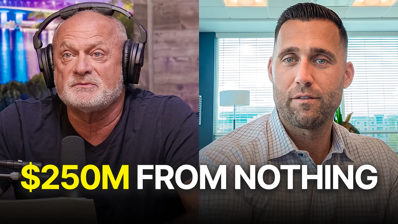 Split-screen thumbnail: older man with headphones on left and younger man in an office on the right, with bold text '$250M FROM NOTHING' overlayed, suggesting a podcast or interview about wealth structure.