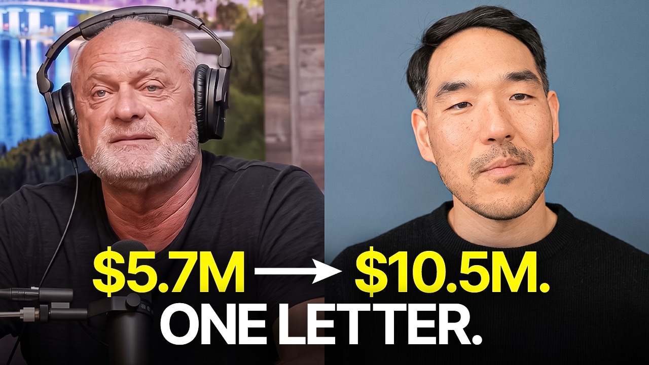 Split-screen thumbnail: left a bearded older man wearing large headphones at a microphone; right a young man against a blue wall; bold yellow text '$5.7M → $10.5M' and white 'ONE LETTER.'