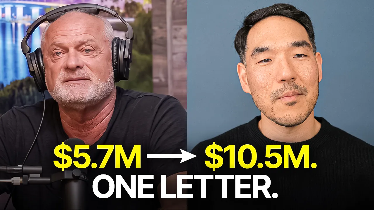 Split-screen thumbnail: left a bearded older man wearing large headphones at a microphone; right a young man against a blue wall; bold yellow text '$5.7M → $10.5M' and white 'ONE LETTER.'