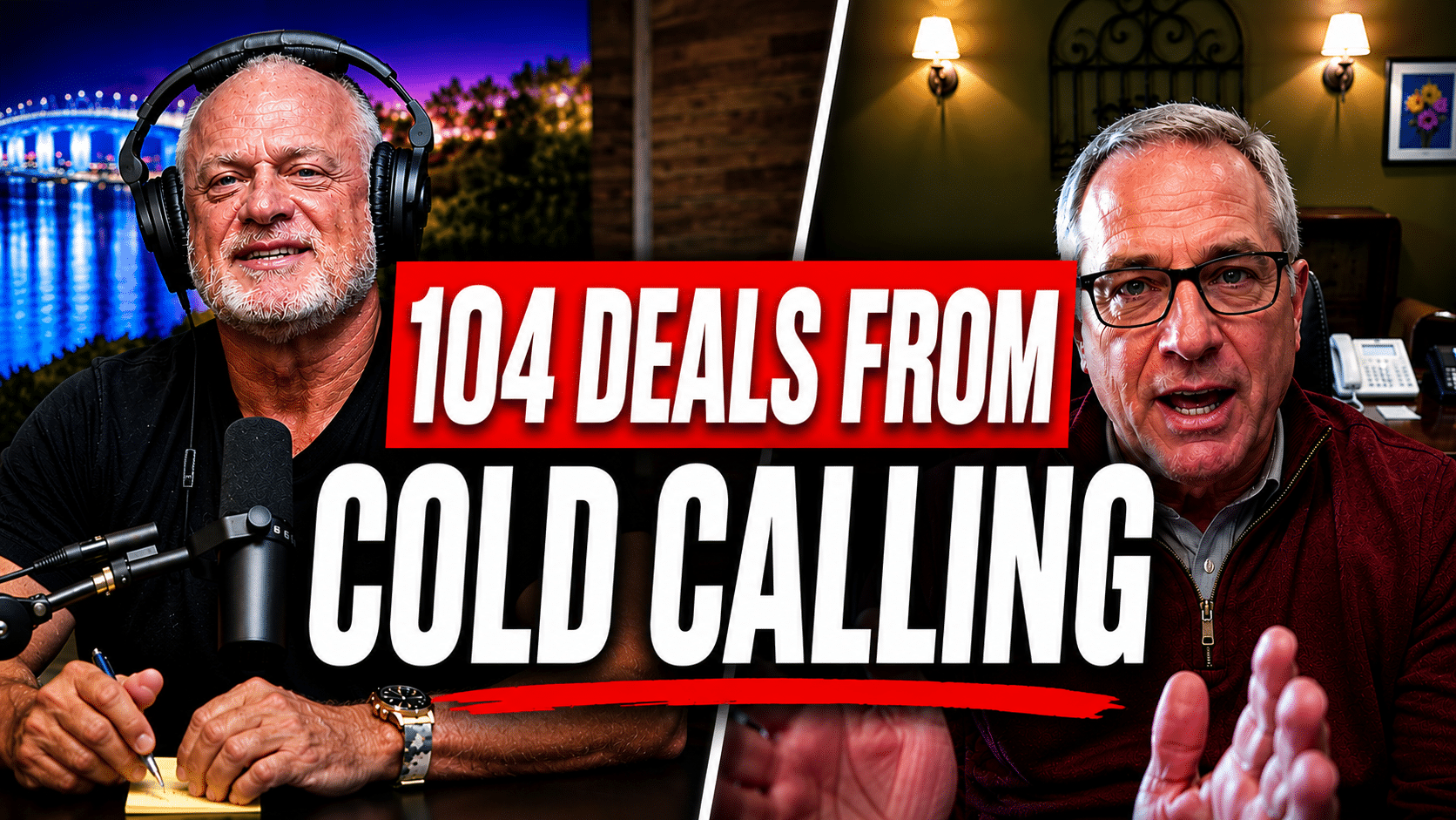 Split-screen of two podcast hosts; bold red banner reads '104 DEALS FROM COLD CALLING' across the center.