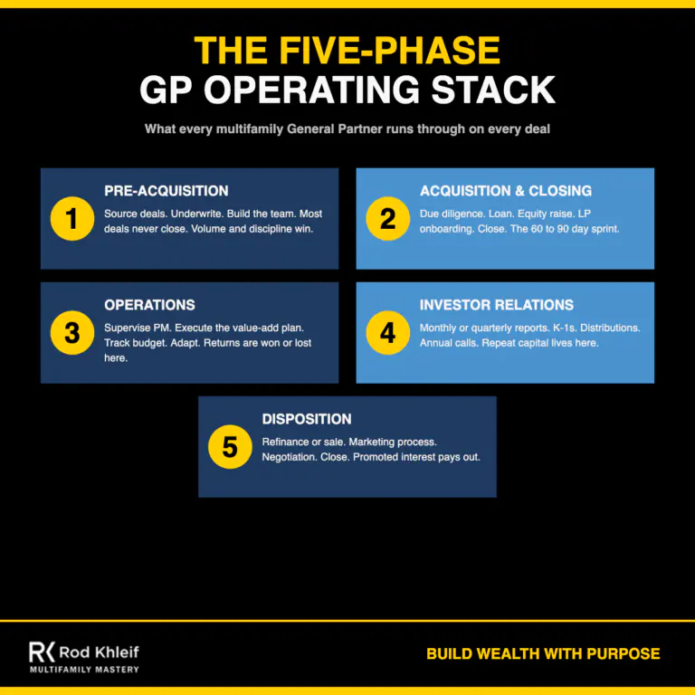 Five-Phase GP Operating Stack infographic showing pre-acquisition, acquisition and closing, operations and asset management, investor relations, and disposition phases