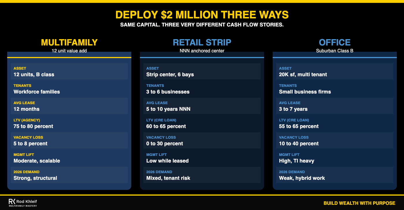 Deploy 2 million dollars three ways visual comparing multifamily versus retail strip versus office across tenants leases LTV vacancy and 2026 demand by Rod Khleif