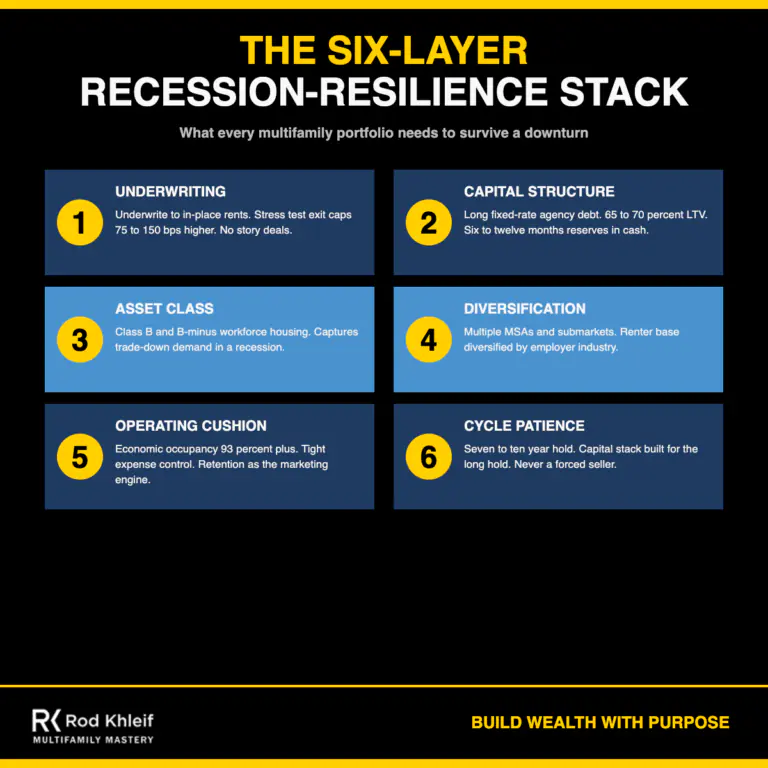 Six-Layer Recession-Resilience Stack infographic by Rod Khleif covering underwriting, capital structure, asset class, diversification, operations, and cycle patience