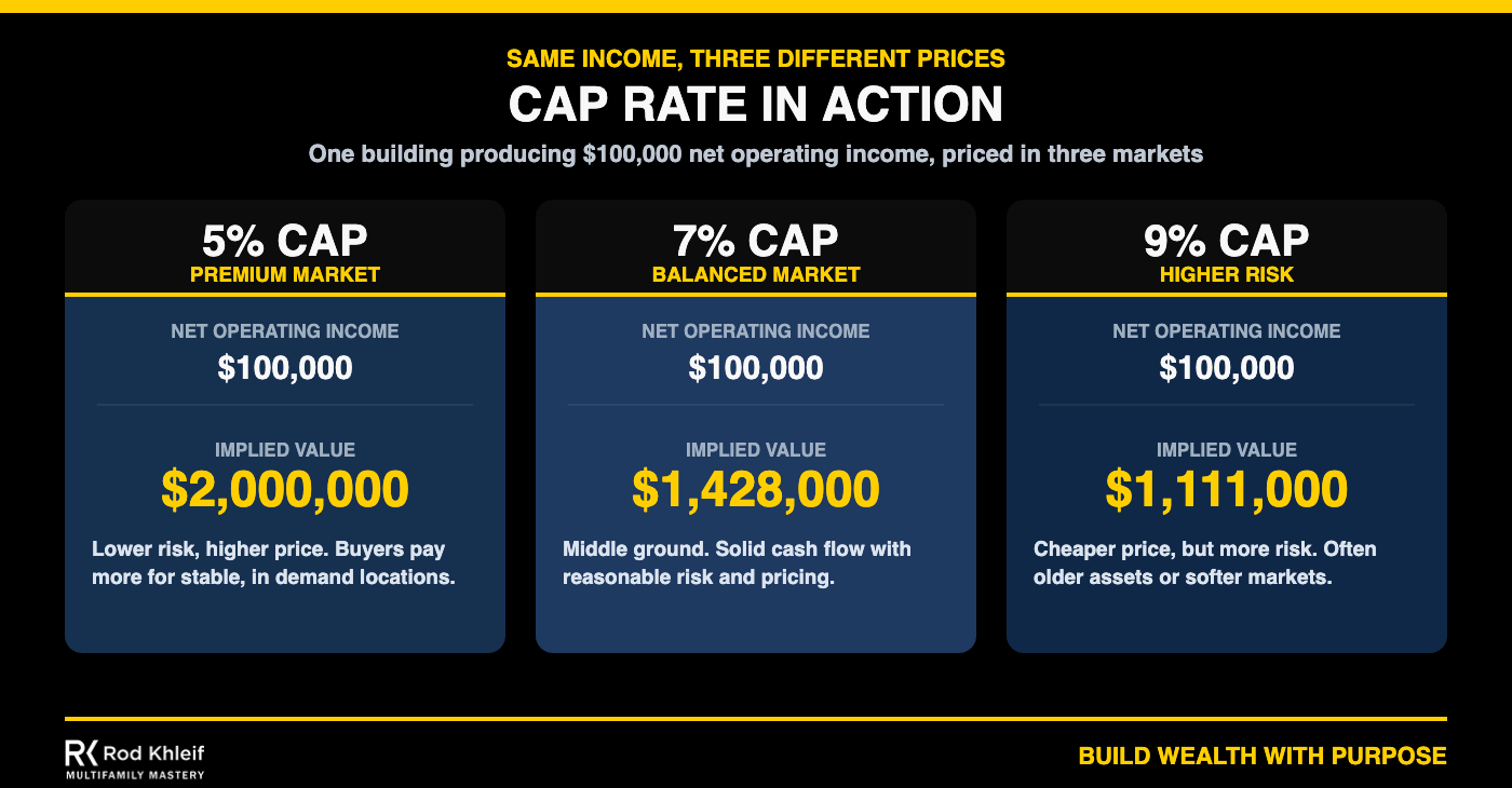 Chart showing how the same 100000 dollar net operating income produces different property values at 5, 7, and 9 percent cap rates across three markets