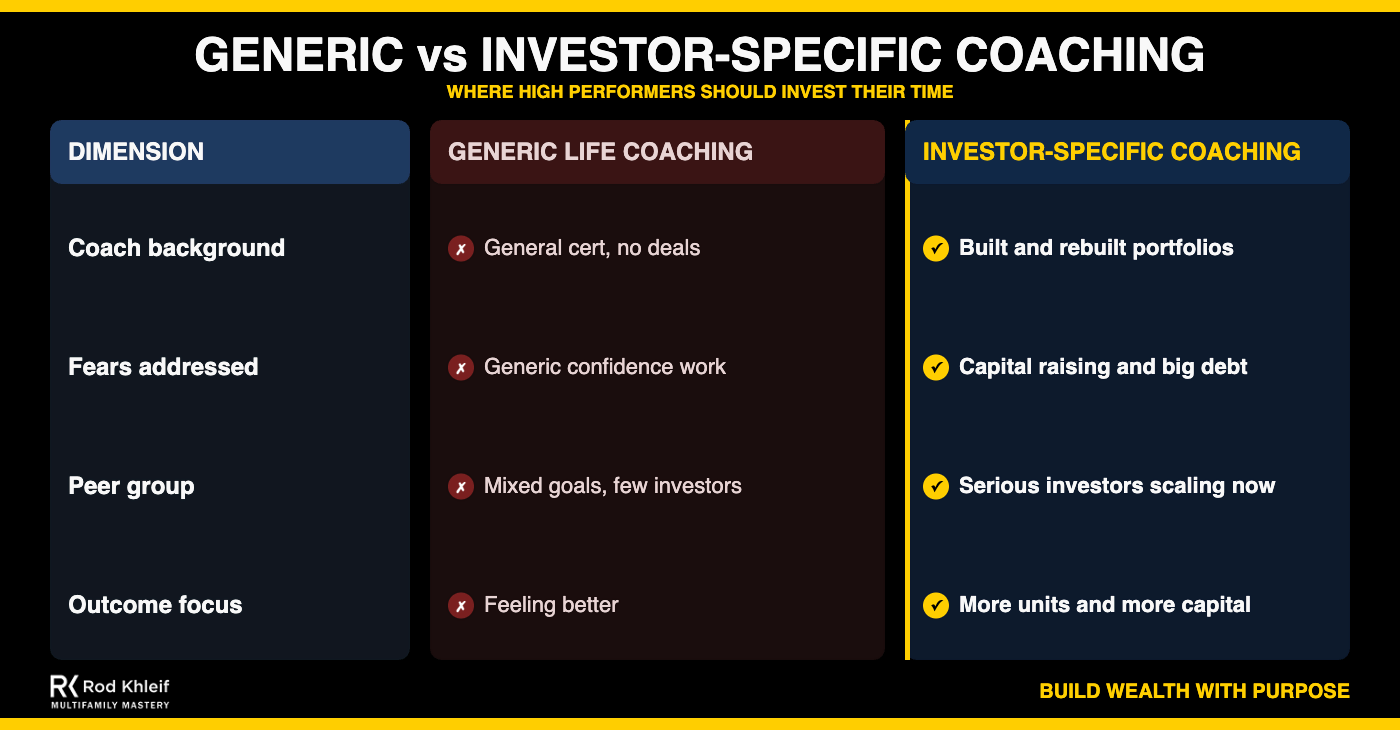 Comparison of generic life coaching versus investor-specific mindset coaching for high-performance real estate investors by Rod Khleif
