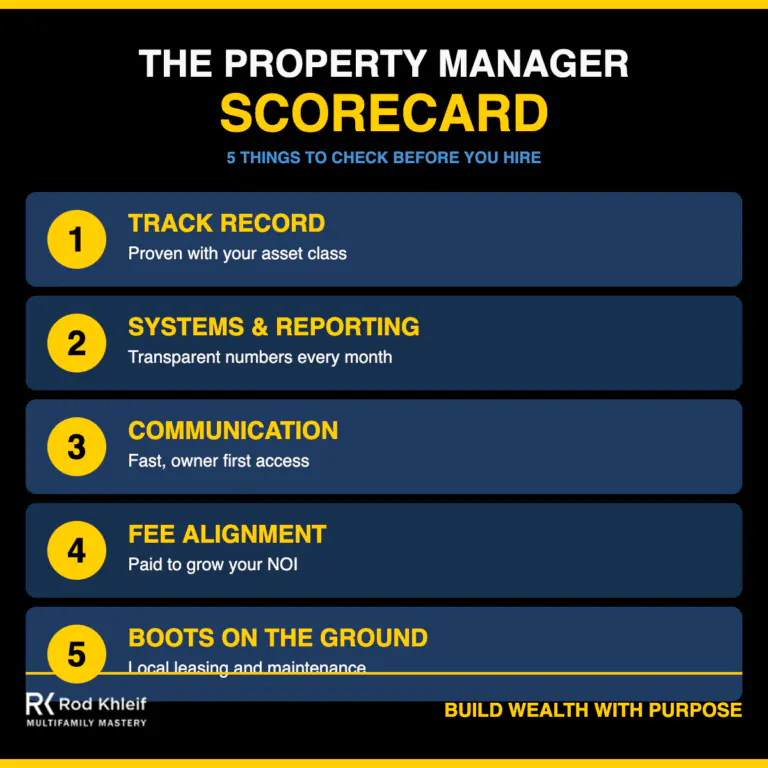 The Property Manager Scorecard showing five things to check when choosing a multifamily property management company
