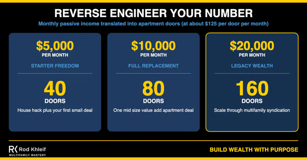Three scenarios showing how monthly passive income converts into apartment doors when you build generational wealth with real estate