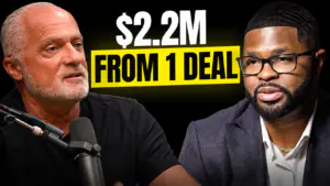 Two men sit with a microphone in a podcast studio; a bold banner behind them reads $2.2M FROM 1 DEAL.