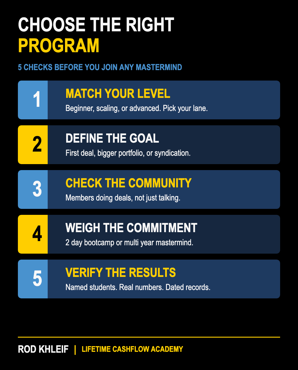 Rod Khleif infographic showing 5 checks before joining any real estate mastermind or bootcamp