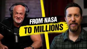 Two podcast hosts sit at microphones, with a bold yellow banner reading 'From NASA to Millions' across the image.