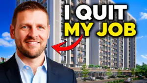 Thumbnail showing a smiling man in a navy suit in front of a modern building with bold text 'I QUIT MY JOB' and a red arrow pointing left (video thumbnail).
