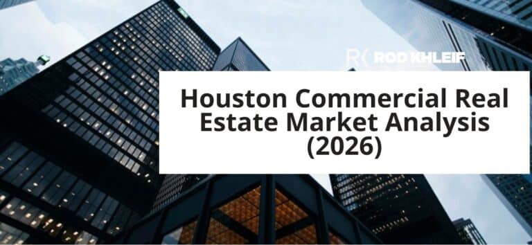 Houston commercial real estate market analysis 2026, shown over a downtown skyline of office towers