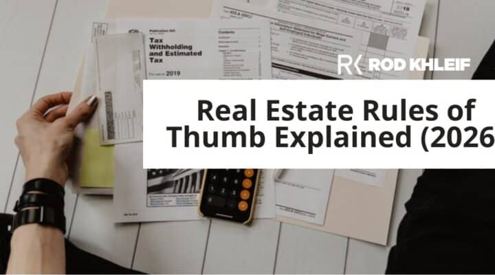 Real estate rules of thumb explained, the 1%, 2%, 7%, 50% and 70% rules, shown over a calculator and financial paperwork