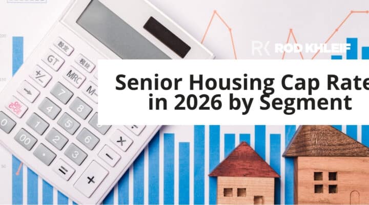 Senior housing cap rates by segment shown with a calculator and bar chart representing 2026 CBRE investor survey data