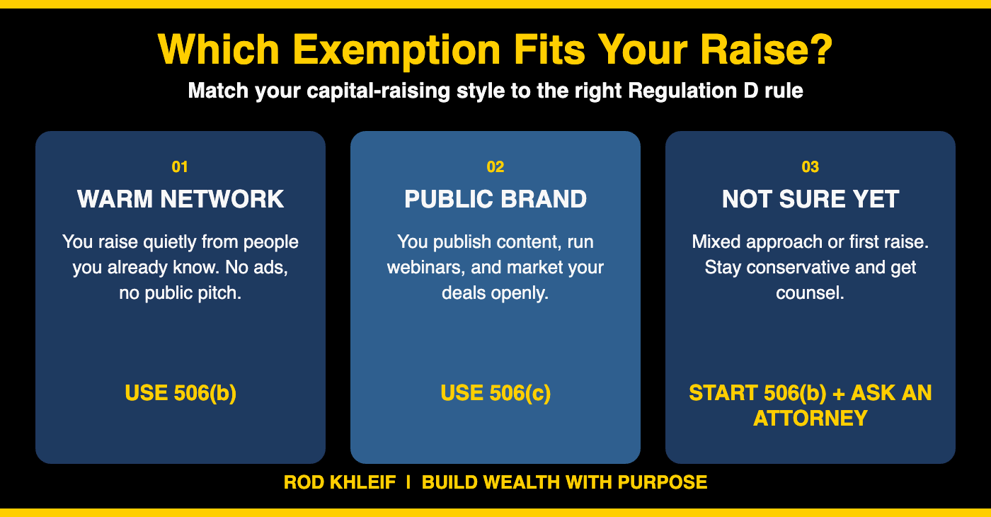 Decision guide showing when multifamily syndicators should use Rule 506(b) versus 506(c) based on how they raise capital