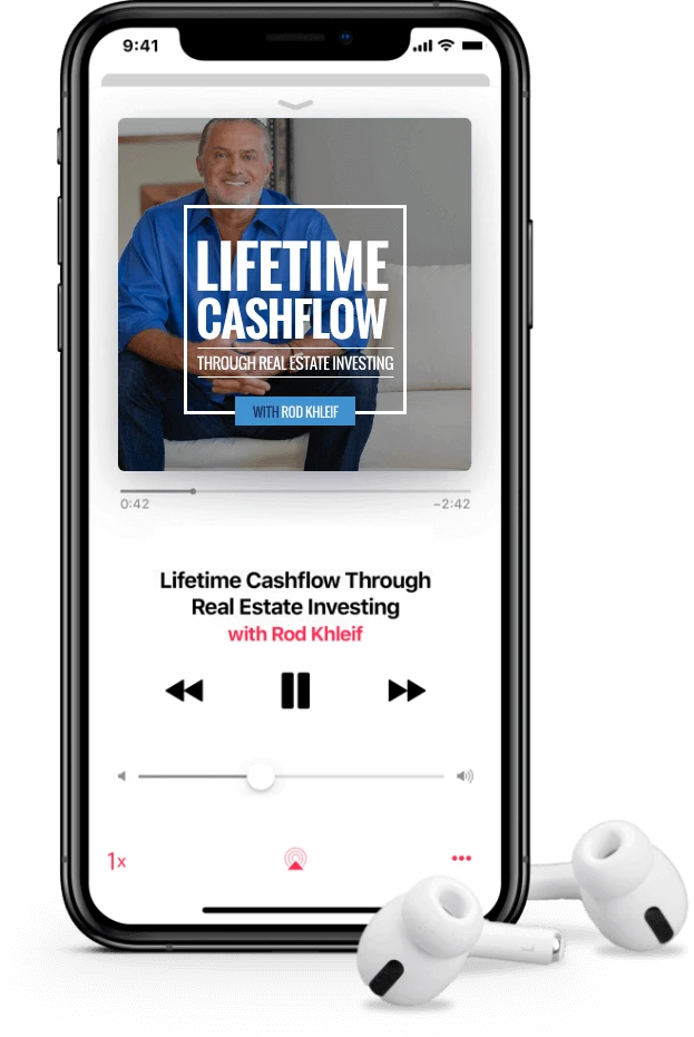 Image of a phone displaying the podcast called Lifetime Cashflow through Real Estate Investing with host Rod Khleif